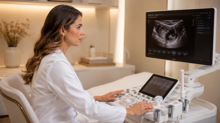 Médica analisa imagem de ultrassom em consultório ginecológico